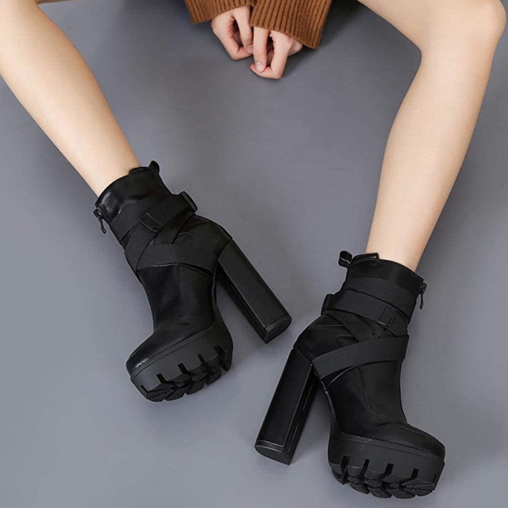 Camssoo Platform Combat Boots Chunky Block Heel Boot Zip Up Heeled Ankle Booties